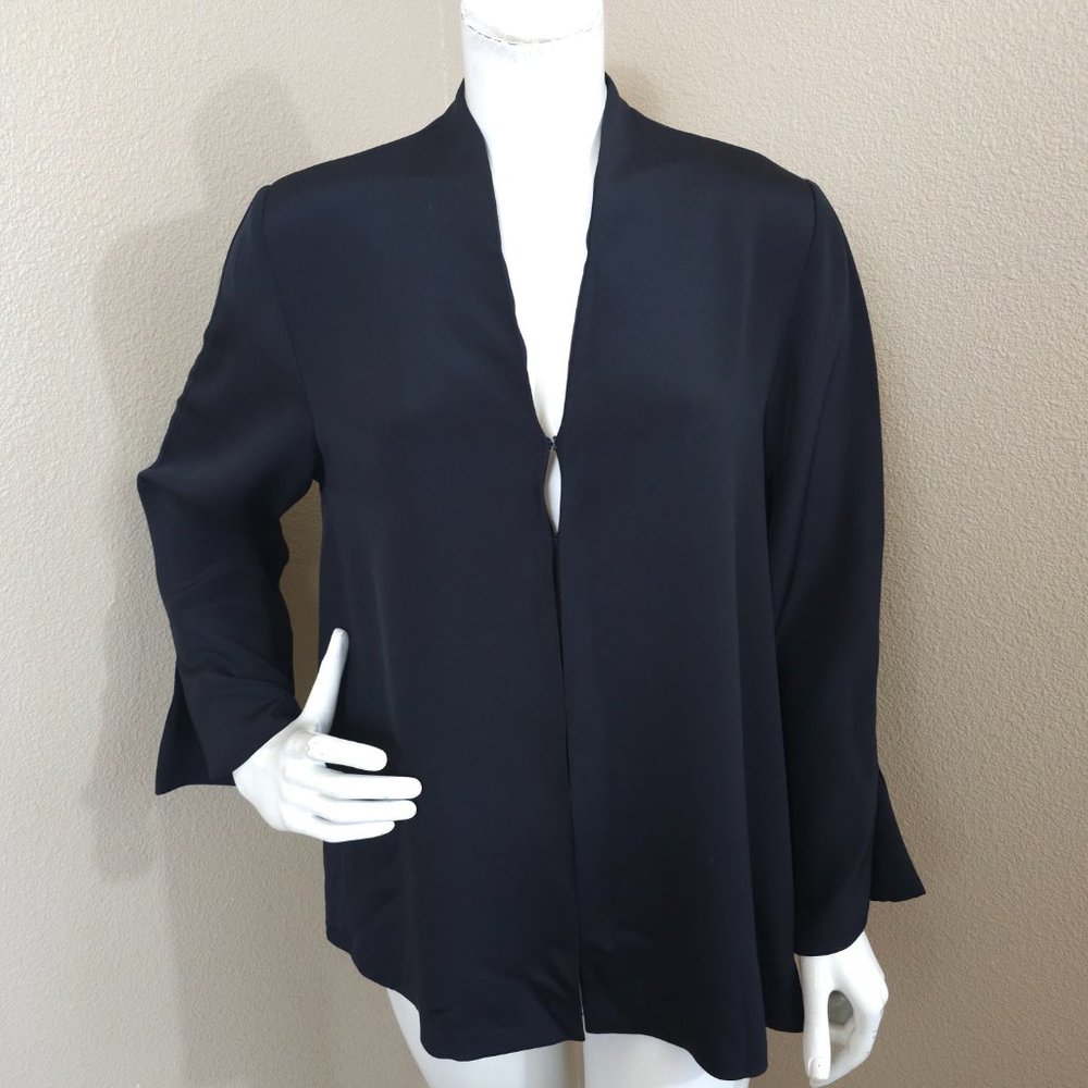 LORAIN CROFT Black 100% Silk Lightweight A-line V-neck Hook Down Jacket Top~S